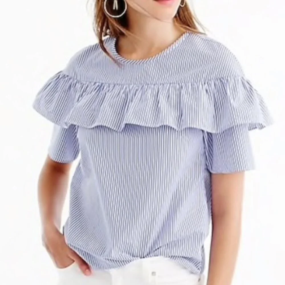 NWOT J.Crew Edie Ruffle Stripe Cotton Top Blue White Size 000
